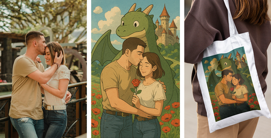 tres imágenes, la primera foto de una pareja, la segunda convertida por una IA al estilo Ghibli y la tercera la ilustración en una tote bag 