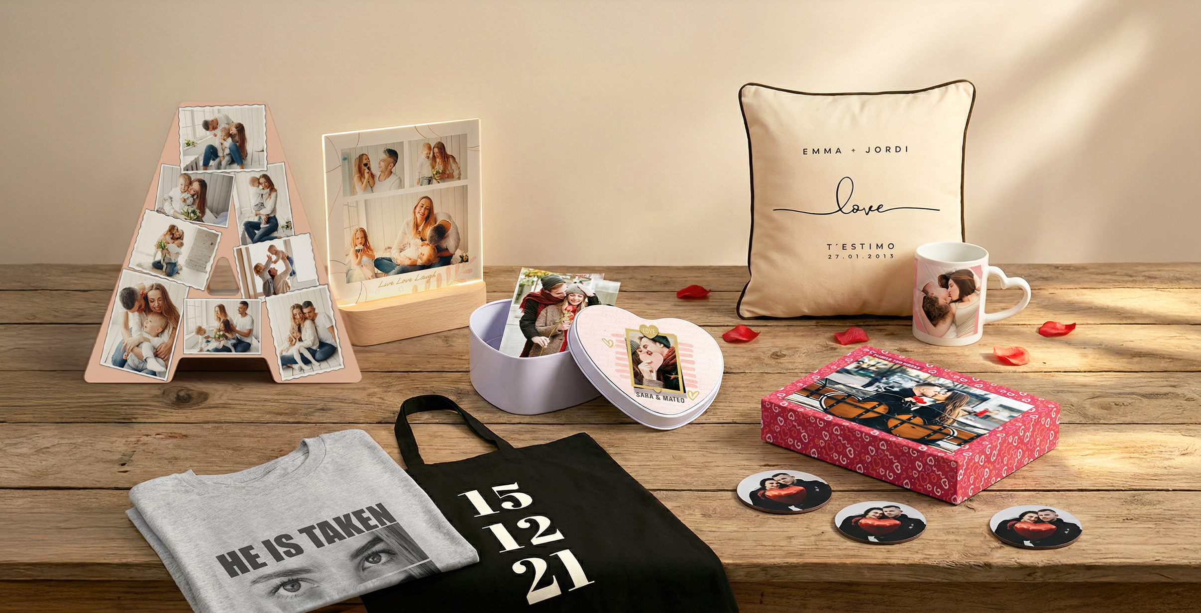 Productos de San Valentin, letra A 3D, lampara placa, caja metálica corazón, revelado premium, camiseta personalizada, tote bag, puzzle, posavasos, cojín, taza aza corazón